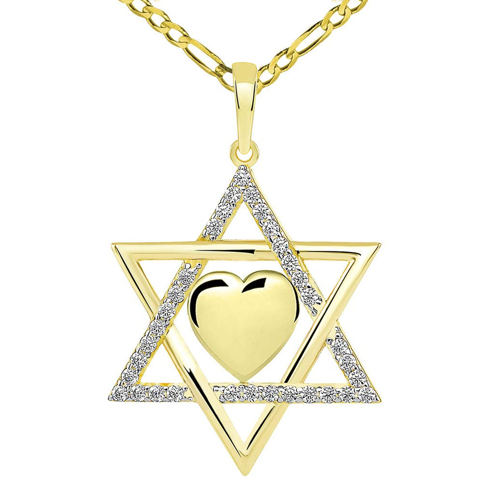 14k Yellow Gold Jewish Love CZ Star of David with Heart Pendant Figaro Necklace