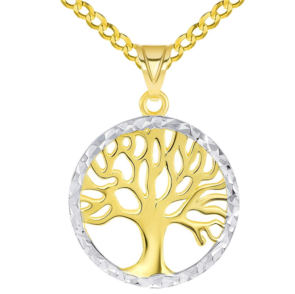 Textured Round Two Tone Tree of Life Medal Pendant with Curb Chain Necklace
