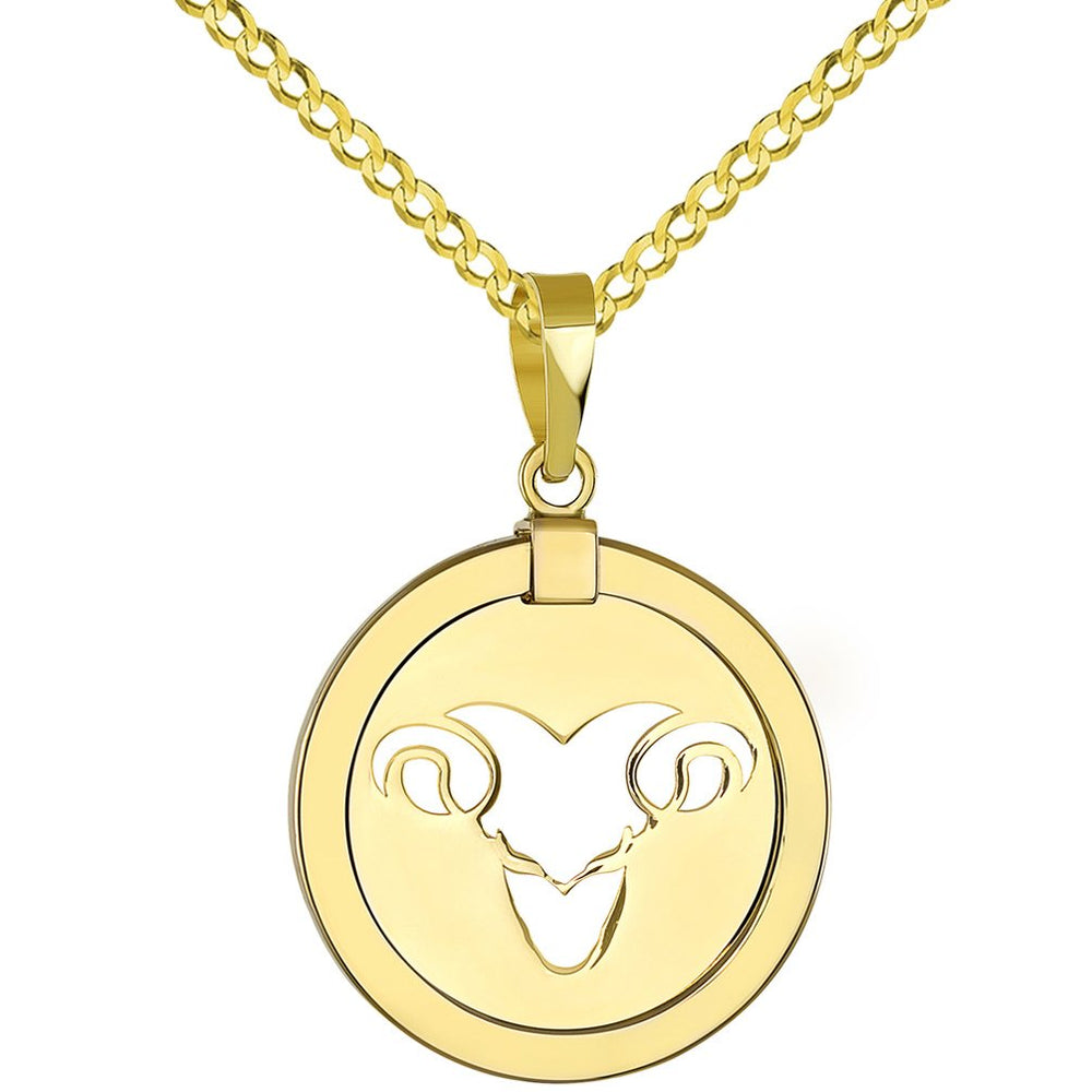 High Polished 14K Yellow Gold Reversible Significant Round Ram Aries Zodiac Sign Pendant with Cuban Chain Necklace