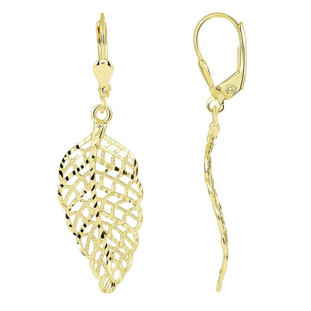 Solid 14k Yellow Gold Elegant Leaf Dangle Earrings with Leverback, 1.7"