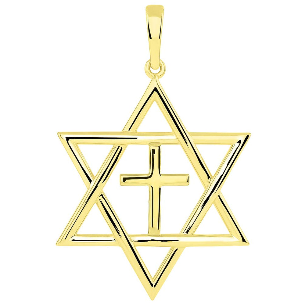 14k Yellow Gold Jewish Star of David with Religious Cross Judeo Christian Pendant (Medium)