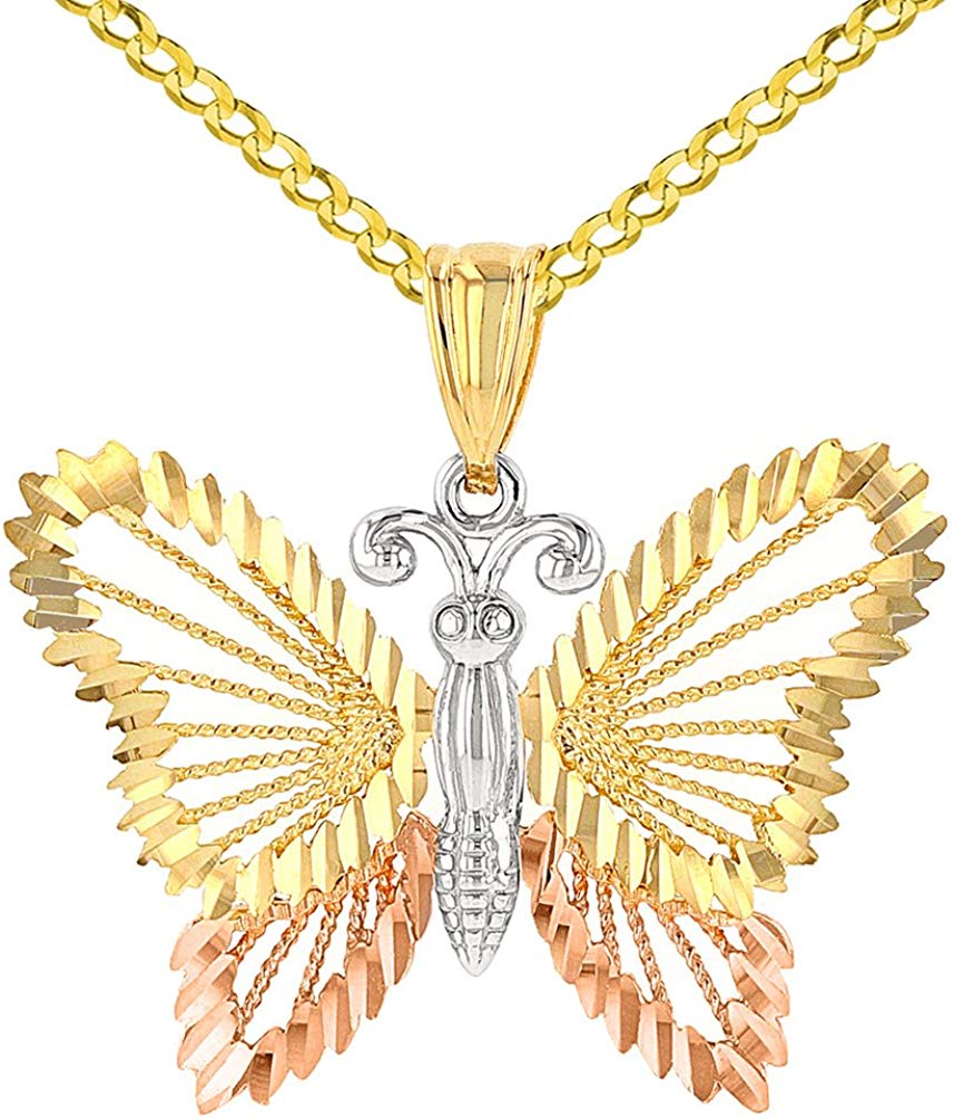 14k Solid Tri-Color Gold Textured Open Butterfly Pendant Curb Chain Cuban Necklace