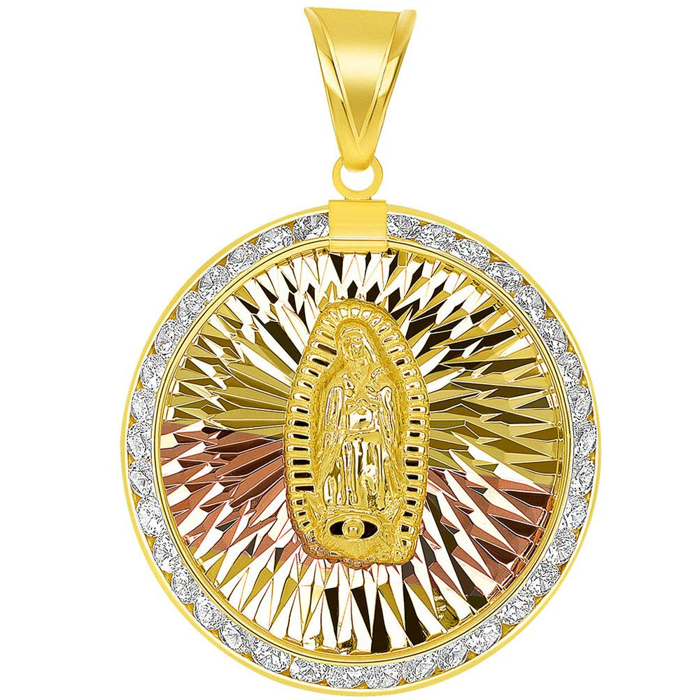 14K Yellow Gold Tri-Tone Large Round Shaped Our Lady Of Guadalupe Elegant CZ Medallion Pendant - Front