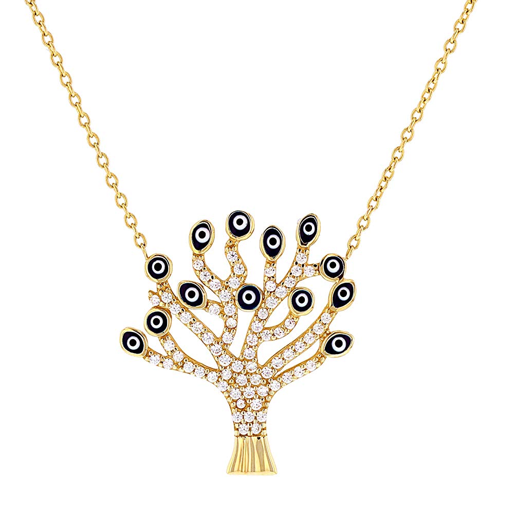 Solid 14K Gold Cubic Zirconia Accented Tree of Life with Evil Eye Pendant Necklace 16"