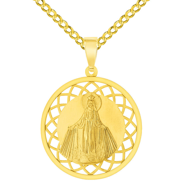 14k Yellow Gold Ornate Miraculous Medal of Virgin Mary Pendant with Cu ...