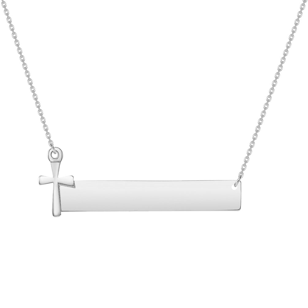 Solid 14k White Gold Engravable Personalized Bar with Religious Cross Necklace