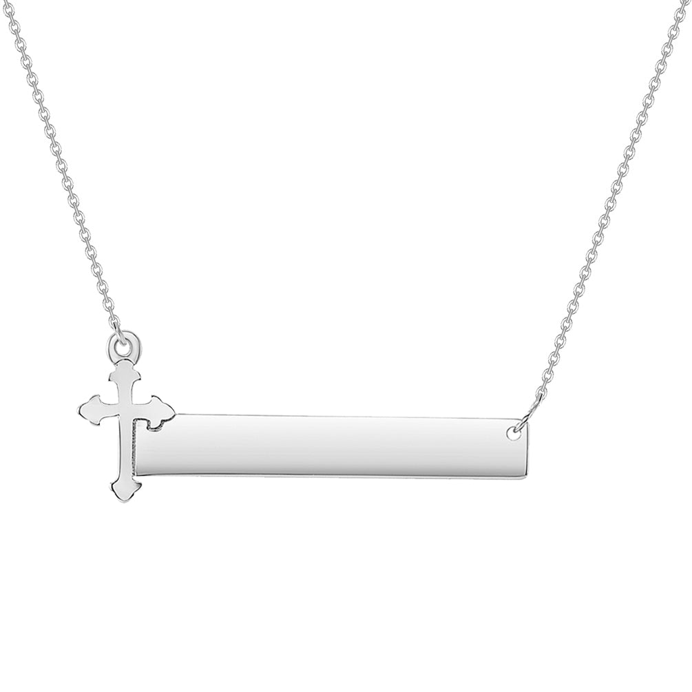 Solid 14k White Gold Engravable Personalized Bar with Catholic Cross Necklace