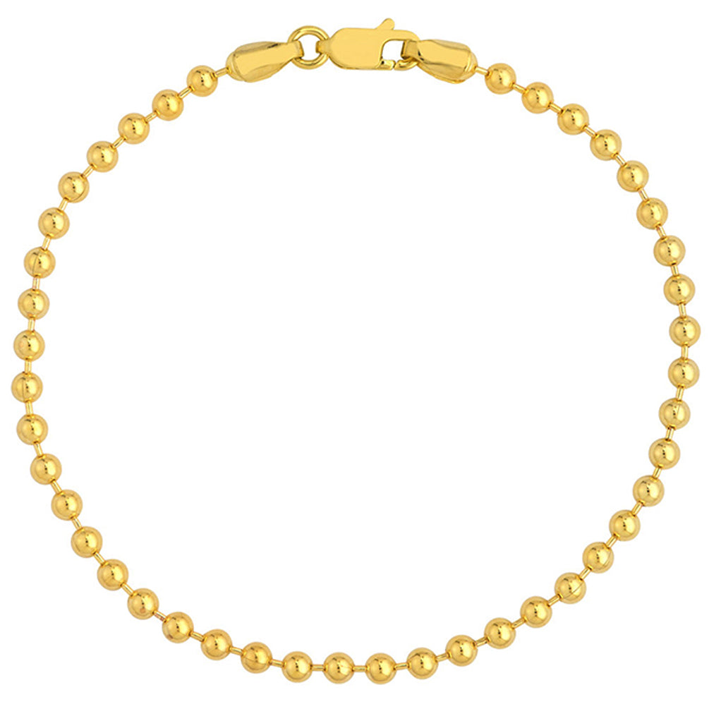 Solid 14K Gold 3mm Bead Chain Bracelet with Lobster Lock, 7.5"