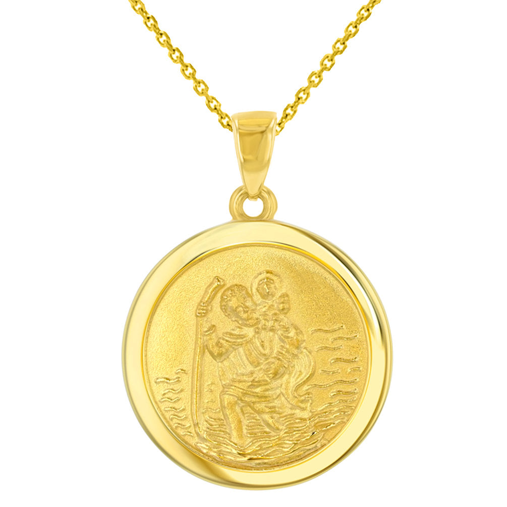 14k Yellow Gold Round Saint Christopher Medal Pendant Necklace