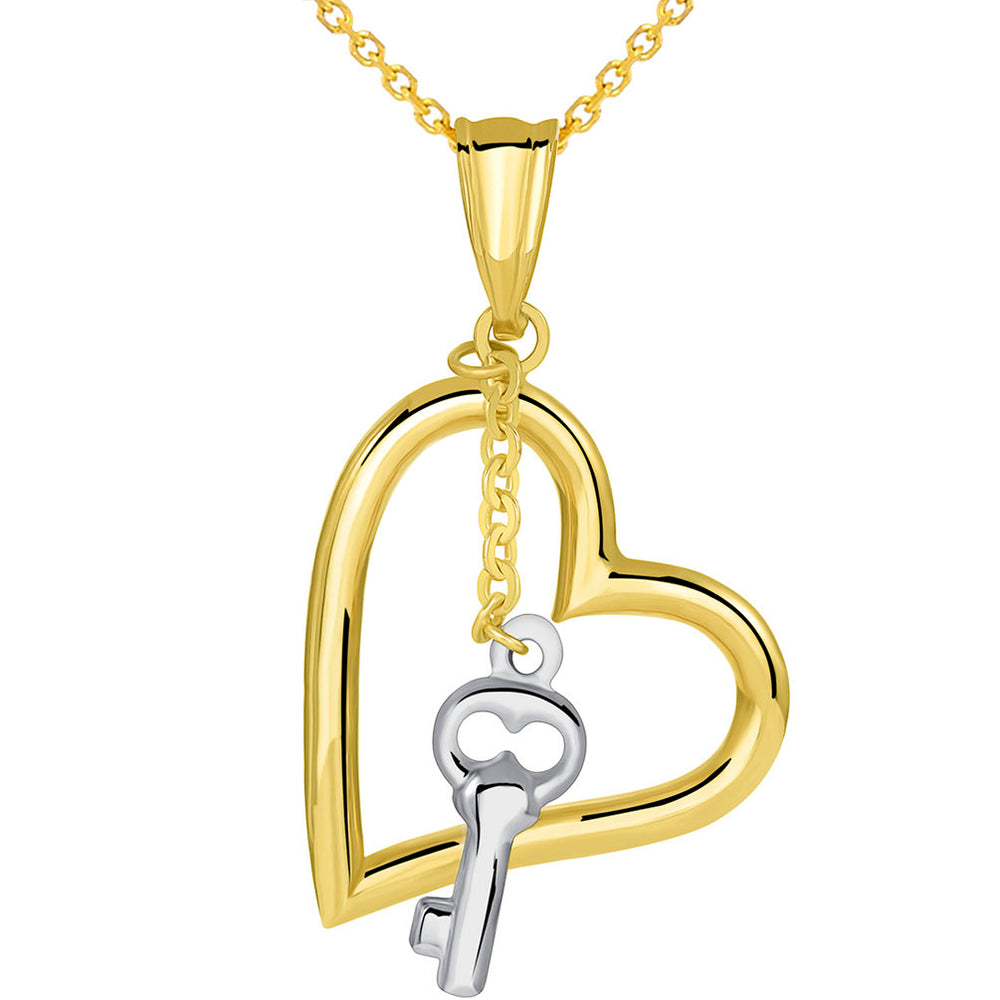 14k Two Tone Gold Open Heart Pendant with White Gold Dangling Key Charm Necklace