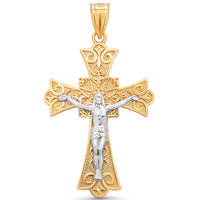 Load image into Gallery viewer, Solid 14K Two-Tone Gold Elegant Cross Crucifix Pendant with Ornate Design

