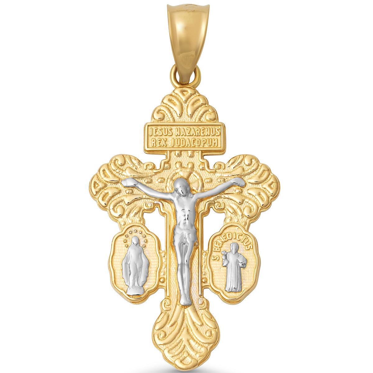 14k Gold Large Cross of Pardon Crucifix Pendant with Miraculous Saint Medals