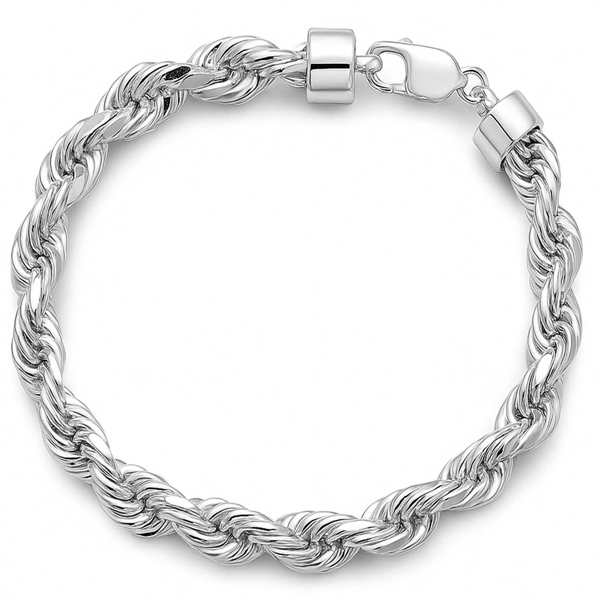 Solid 925 Sterling Silver 10mm Rope Chain Bracelet with Lobster Lock - Diamond-Cut Finish