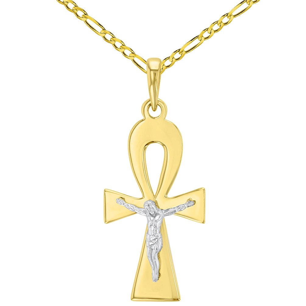 Solid 14K Two-Tone Egyptian Ankh Cross with Jesus Christ Crucifix Pendant Figaro Chain Necklace