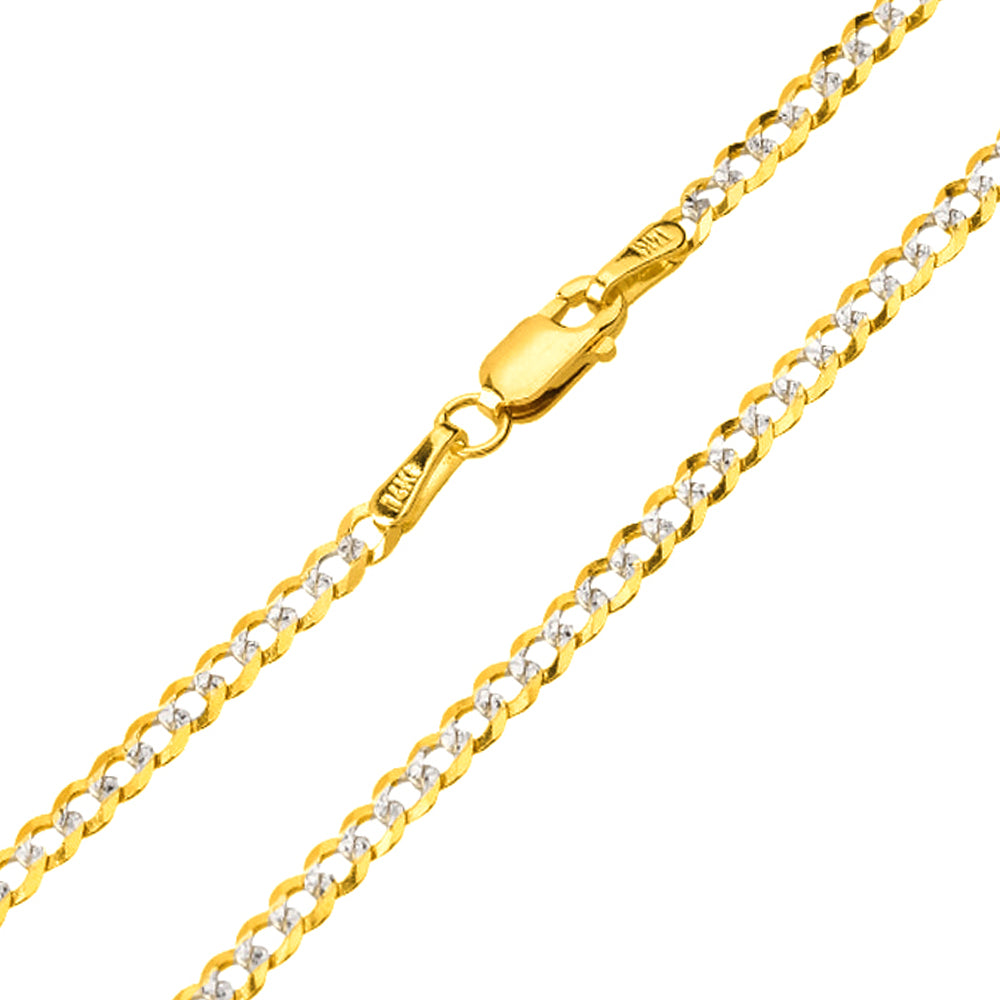Solid 14K Yellow Gold 2.5mm Two Tone Pave Cuban Concave Link Chain Necklace with Lobster Claw Clasp