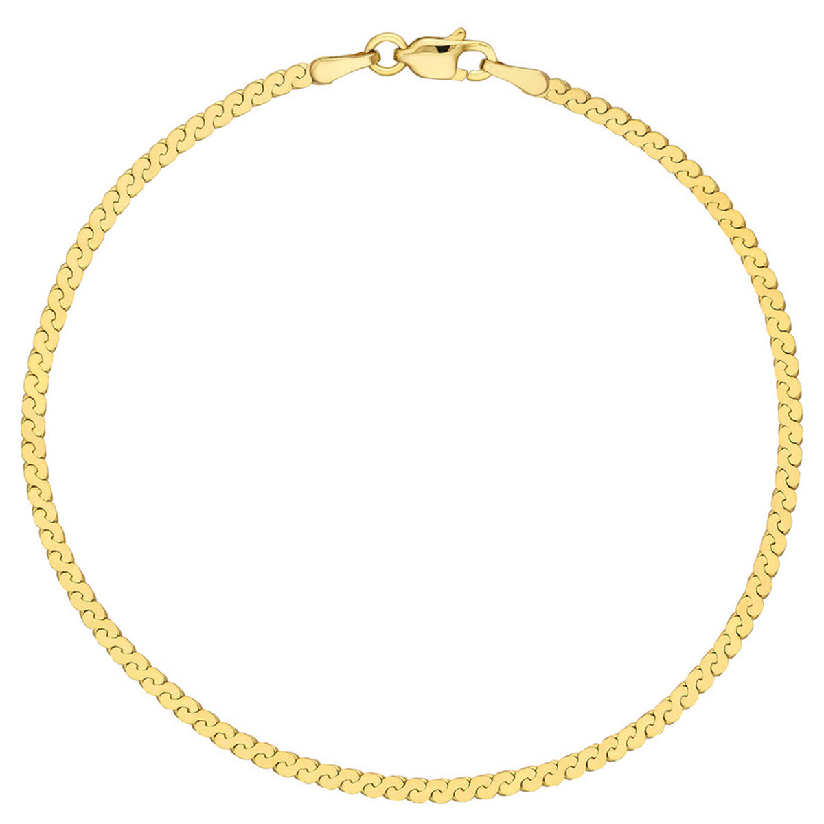 14K Yellow Gold 2mm Serpentine Chain Bracelet with Lobster Lock, 7.5 Inches