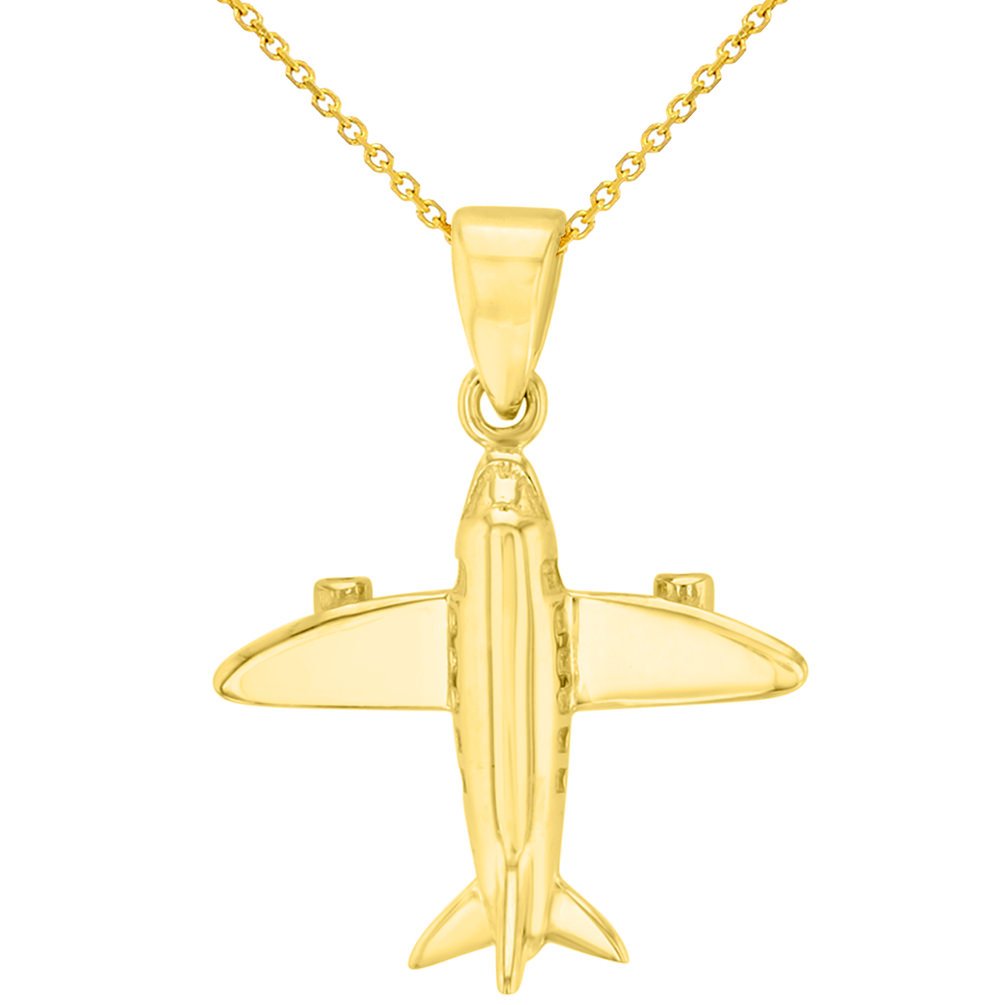 Solid 14K Yellow Gold 3D Airplane Charm Jet Aircraft Pendant With Cable, Curb or Figaro Chain Necklace