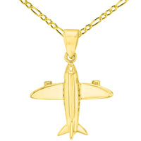 Load image into Gallery viewer, Solid 14K Yellow Gold 3D Airplane Charm Jet Aircraft Pendant With Cable, Curb or Figaro Chain Necklace
