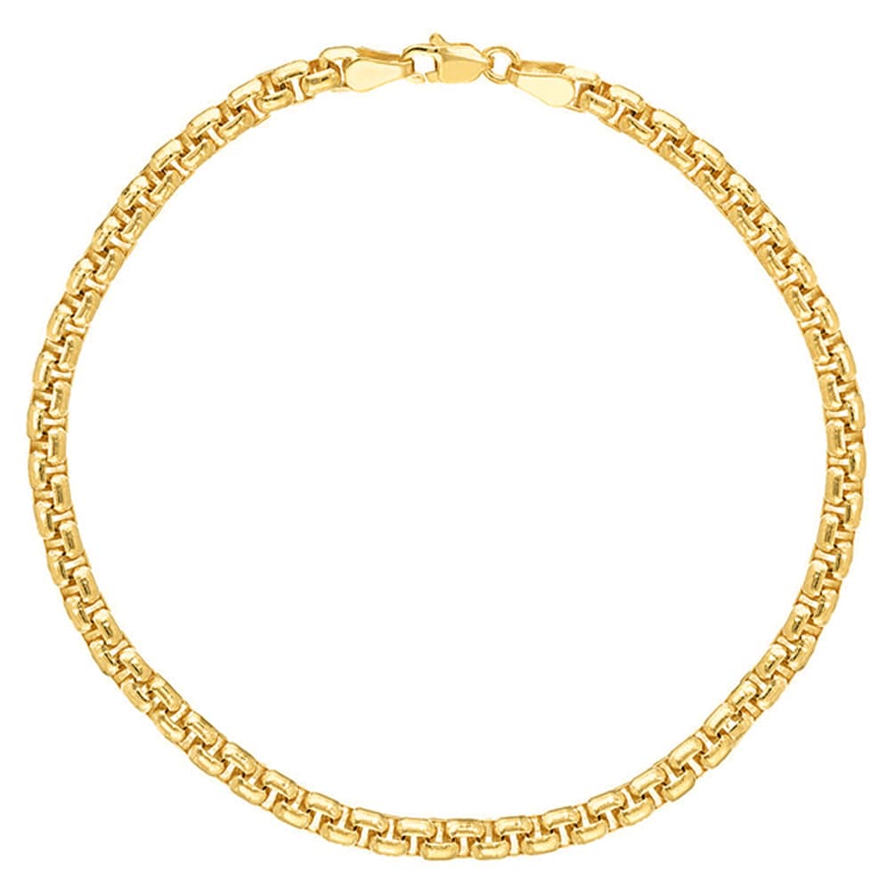 14K Yellow Gold 4mm Solid Round Box Chain Bracelet with Lobster Lock, 8"