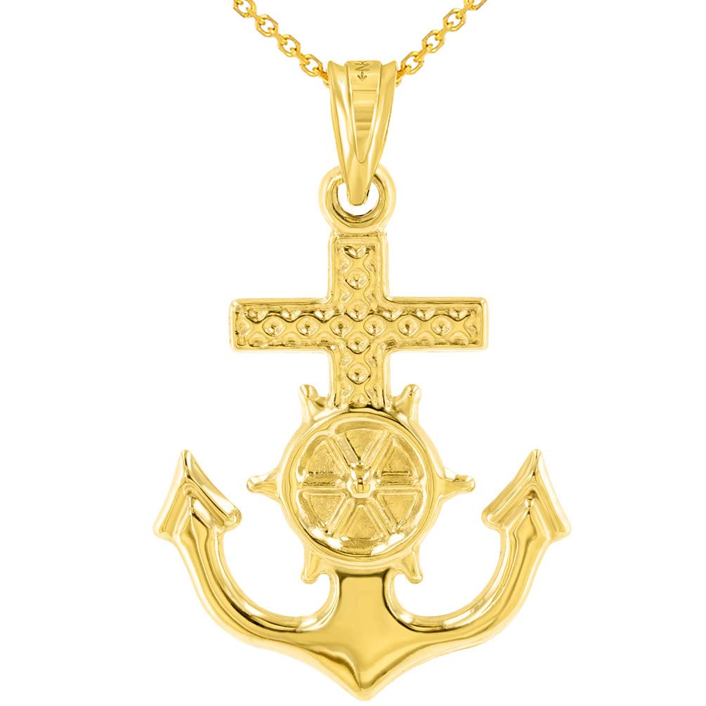 Polished 14K Yellow Gold Anchor Charm with Mariner's Cross Nautical Pendant Necklace