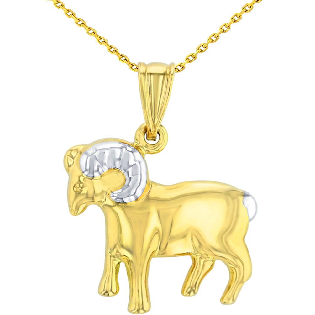 High Polish 14K Yellow Gold Aries Zodiac Sign Pendant Ram Charm Pendant With Cable, Curb or Figaro Chain Necklace