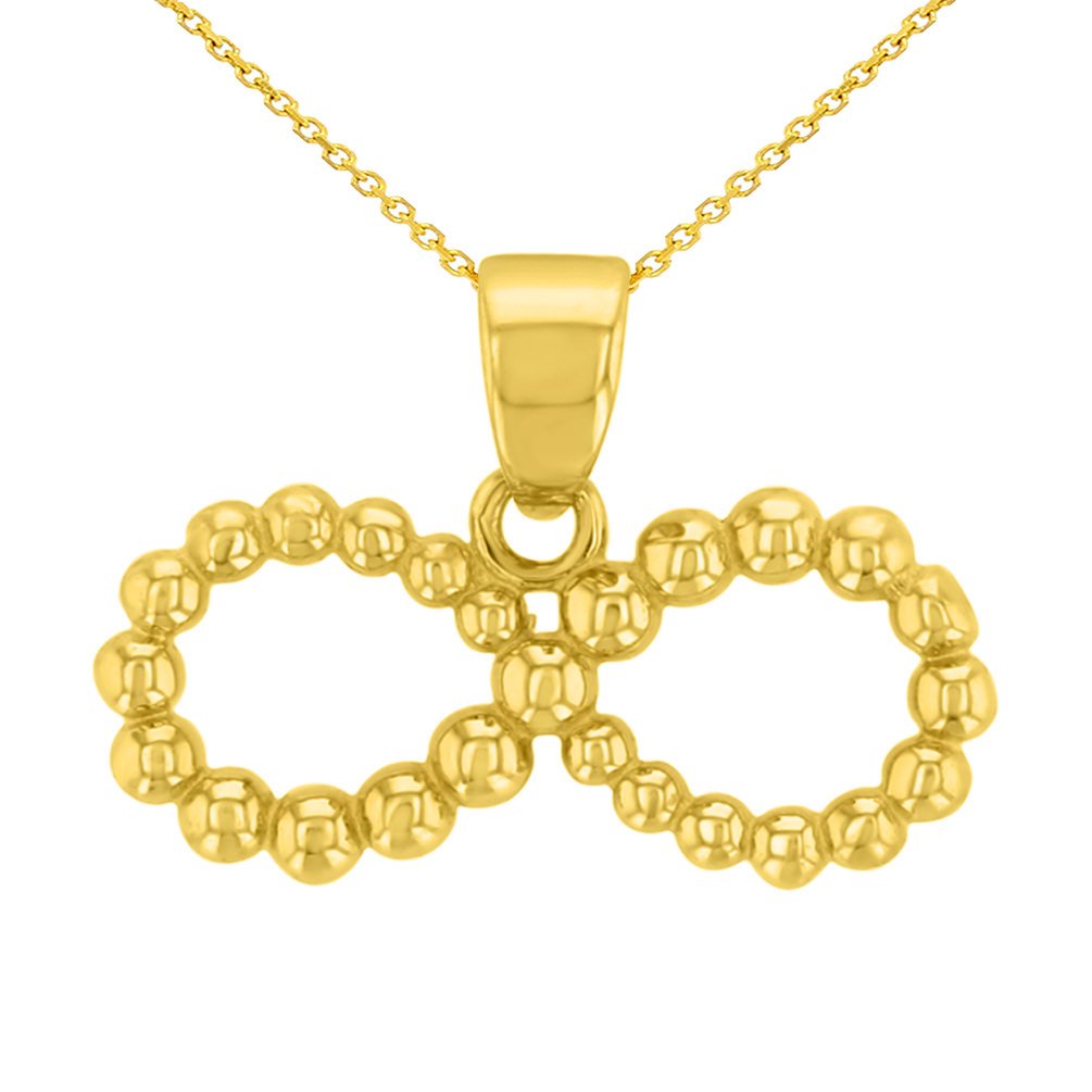 14K Yellow Gold Beaded Style Infinity Pendant with Cable, Curb, or Figaro Chain Necklaces