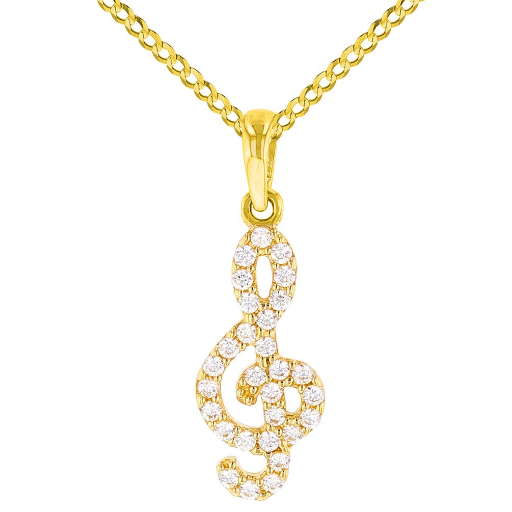 14K Yellow Gold CZ-Studded Dainty Musical Note Charm Pendant with Cuban Necklace