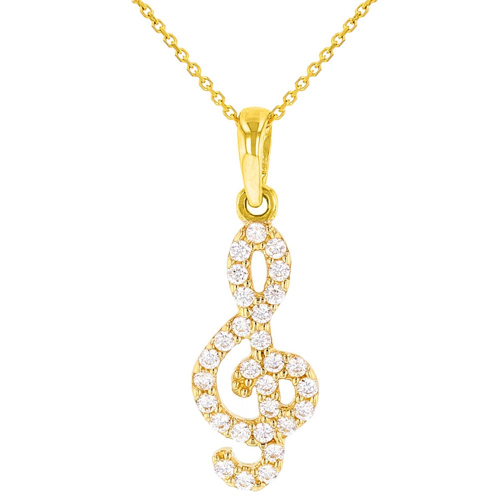14K Yellow Gold CZ-Studded Dainty Musical Note Charm Pendant Necklace