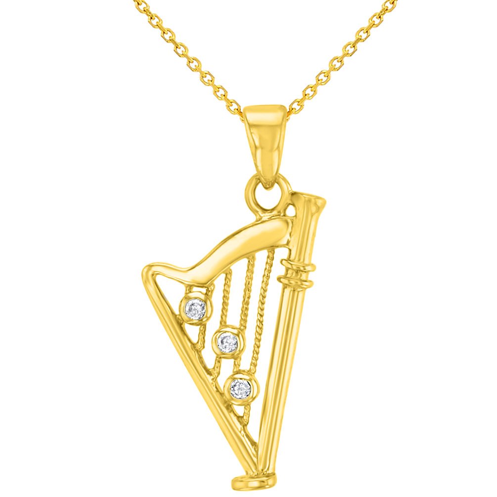 Solid 14K Yellow Gold CZ Harp Charm Musical Instrument Pendant With Cable, Curb or Figaro Chain Necklace