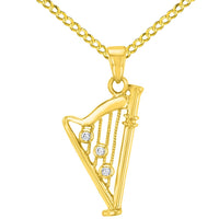 Load image into Gallery viewer, Solid 14K Yellow Gold CZ Harp Charm Musical Instrument Pendant With Cable, Curb or Figaro Chain Necklace
