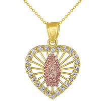 Load image into Gallery viewer, 14K Yellow Gold and Rose Gold CZ Heart Shaped Saint Virgin Mary Guadalupe Pendant Necklace
