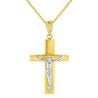 Load image into Gallery viewer, Textured 14K Two-Tone Gold Catholic Cross Crucifix with Jesus Christ Pendant Necklace
