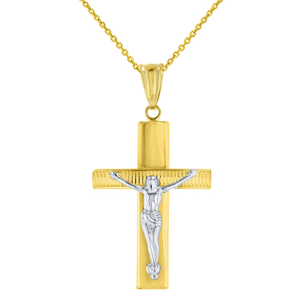 Textured 14K Two-Tone Gold Catholic Cross Crucifix with Jesus Christ Pendant Necklace