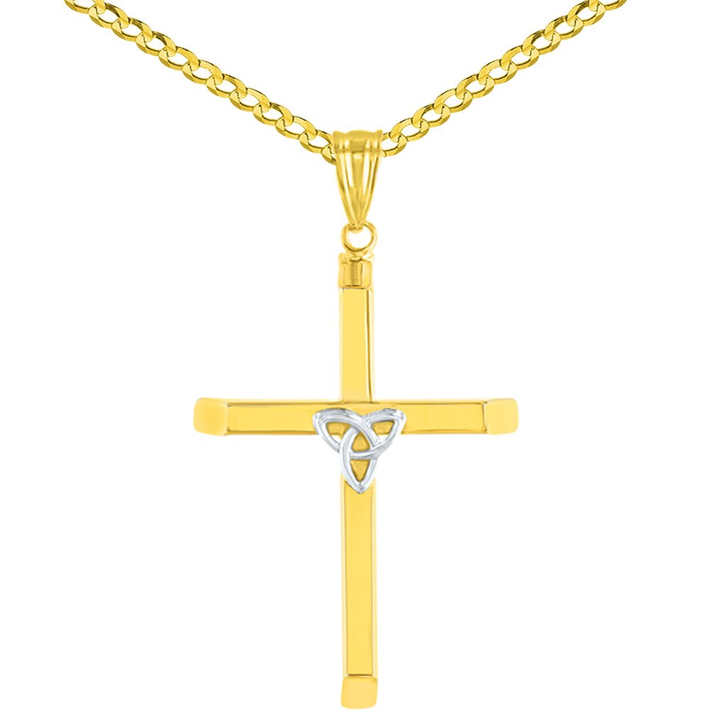 14K Two Tone Gold Plain & Simple Celtic Trinity Cross with Triquetra Symbol Pendant Cuban Concave Chain Necklace