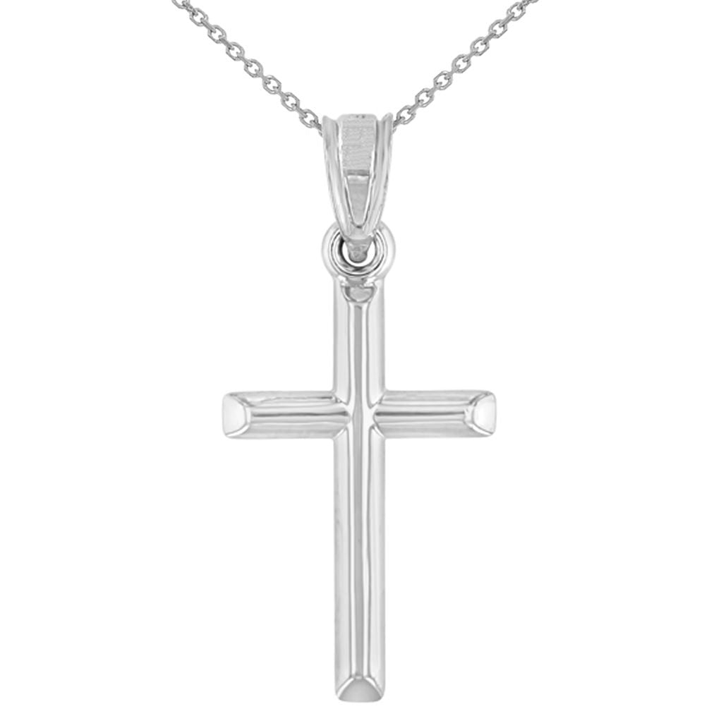 14K White Gold Classic Latin Plain Cross Charm Pendant Necklace