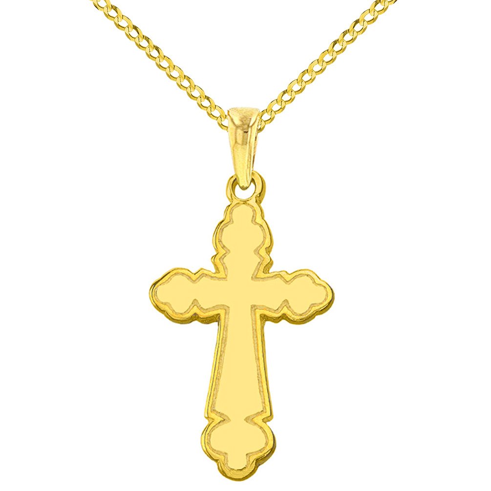14K Yellow Gold Dainty Cross Charm Eastern Orthodox Pendant with Cuban Necklace