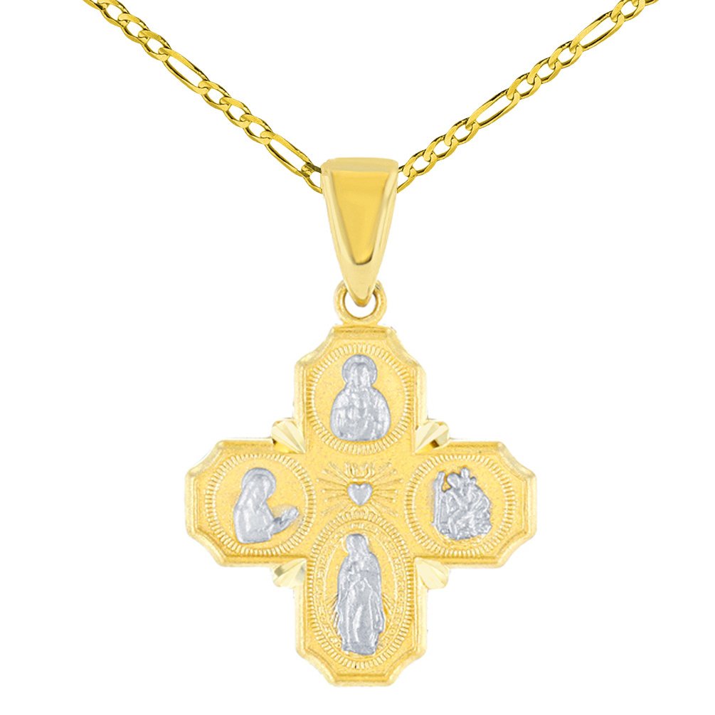 14K Solid Yellow Gold Dainty Four Way Cross Charm with God Bless You Pendant Figaro Chain Necklace