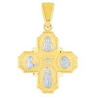 Load image into Gallery viewer, 14K Solid Yellow Gold Dainty Four Way Cross Charm with God Bless You Pendant Figaro Chain Necklace
