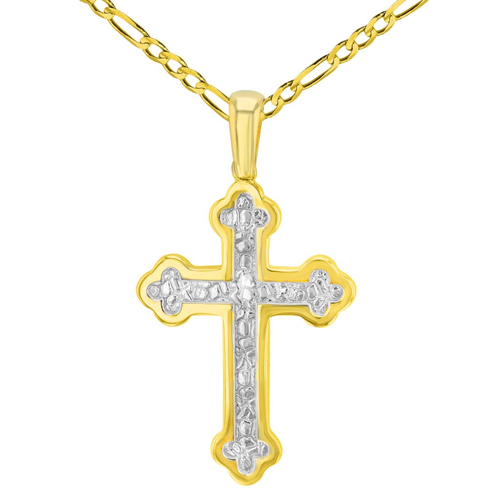 14K Yellow Gold Elegant Eastern Orthodox Cross Pendant with Figaro Necklace