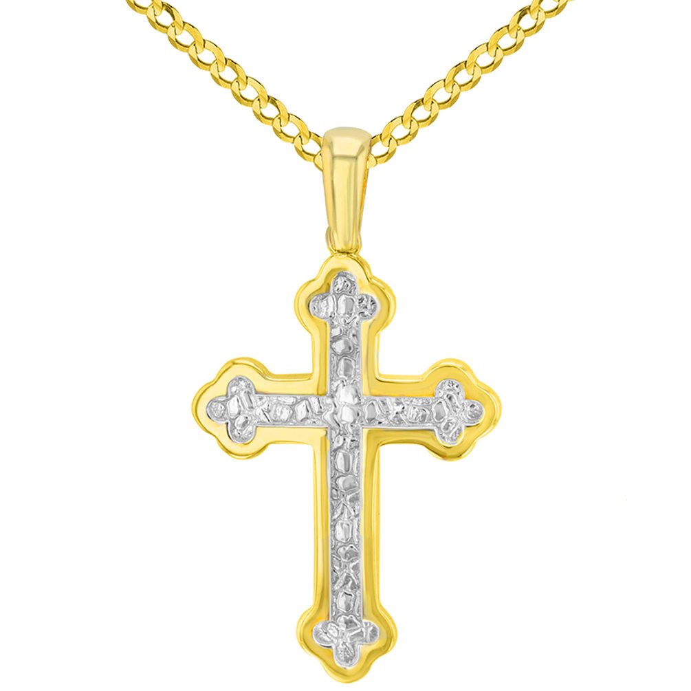 14K Yellow Gold Elegant Eastern Orthodox Cross Pendant with Cuban Necklace