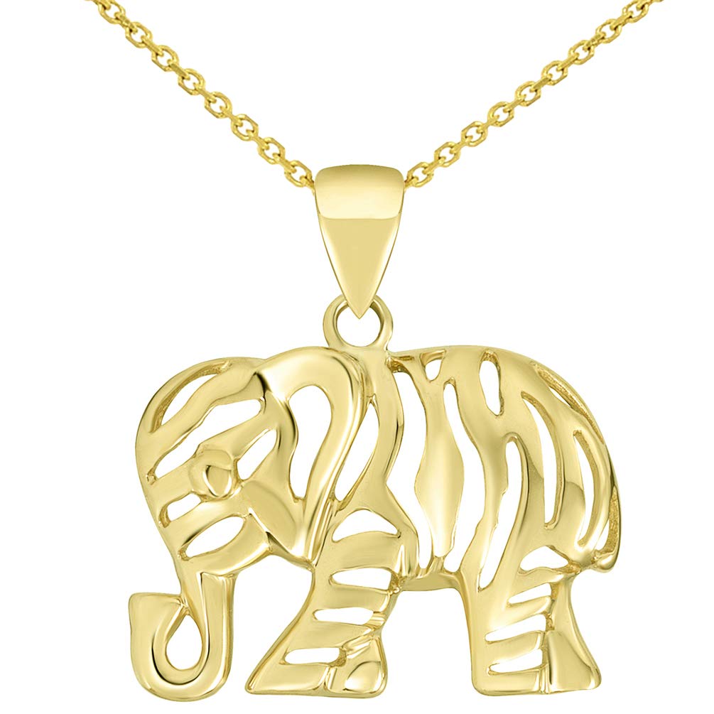Polished 14K Yellow Gold Elegant Elephant Charm Animal Pendant with Cable, Curb, or Figaro Chain Necklaces