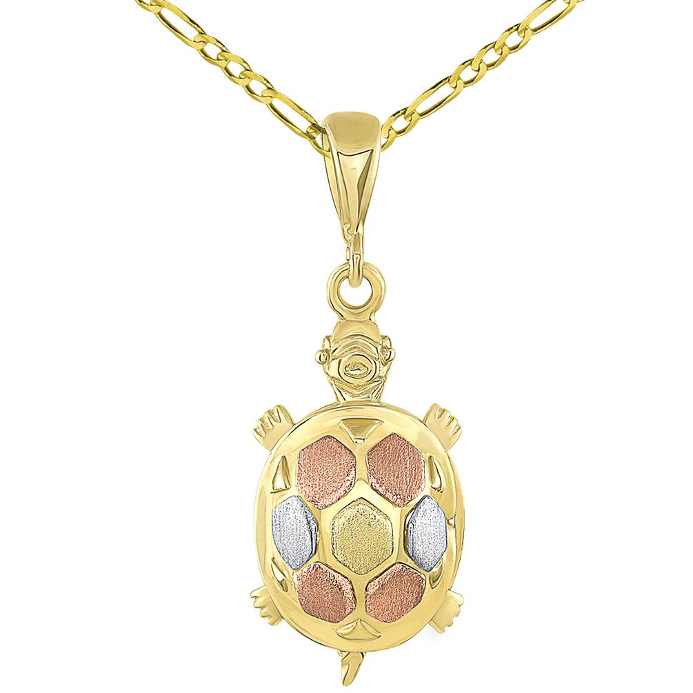 14K Gold Fancy Turtle Charm Animal Pendant with Figaro Chain Necklace - Tri-Color Gold