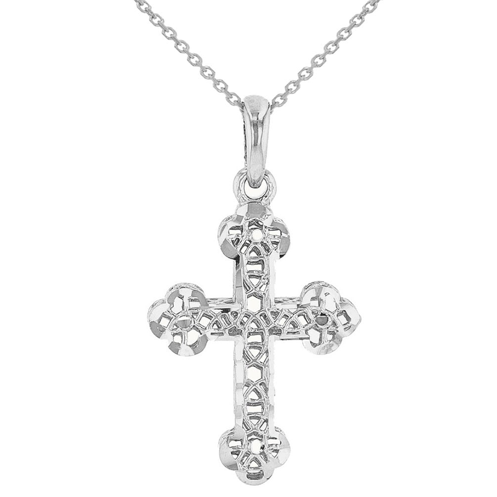 14K White Gold Filigree Eastern Orthodox Cross Charm Pendant Necklace