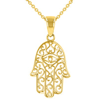Load image into Gallery viewer, Solid 14K Yellow Gold Filigree Hamsa Hand of Fatima with Evil Eye Pendant Necklace

