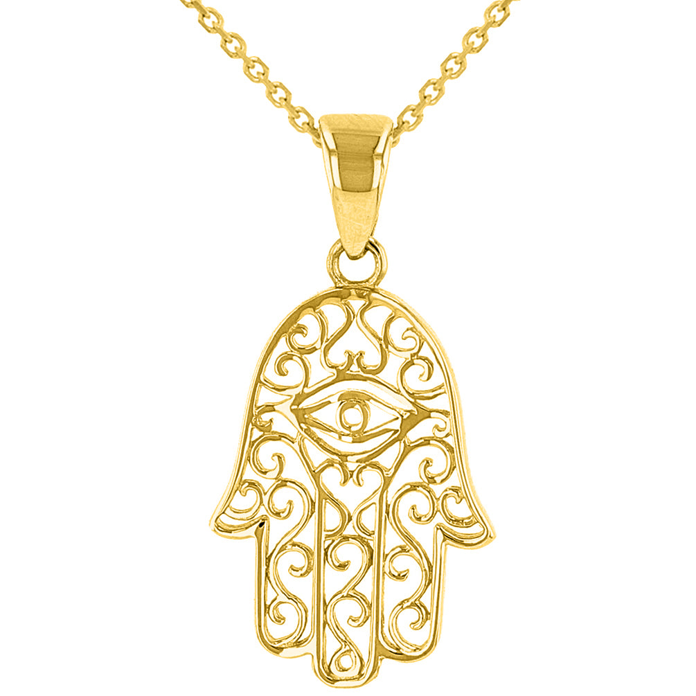 Solid 14K Yellow Gold Filigree Hamsa Hand of Fatima with Evil Eye Pendant Necklace