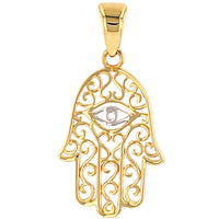 Load image into Gallery viewer, Solid 14K Yellow Gold Filigree Hamsa Hand of Fatima with Evil Eye Pendant Necklace
