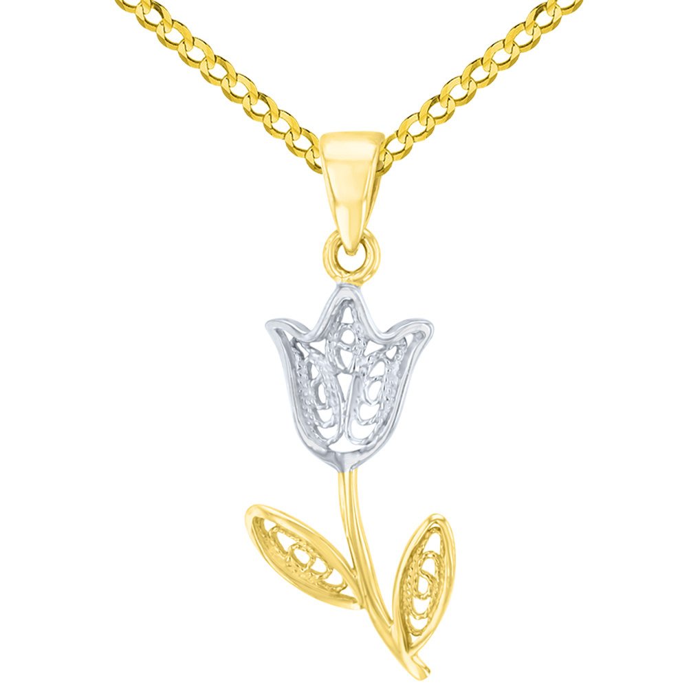 14K Gold Filigree Tulip Flower Pendant with Cuban Chain Necklace - Yellow Gold