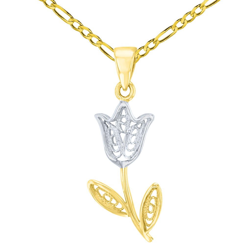 14K Gold Filigree Tulip Flower Pendant with Figaro Chain Necklace - Yellow Gold