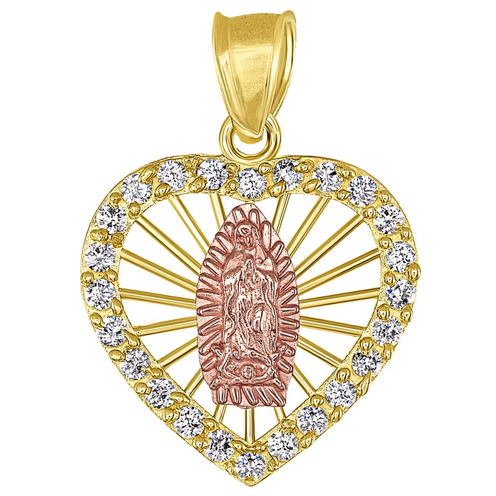 14K Yellow Gold and Rose Gold Heart Shaped Saint Virgin Mary Guadalupe Pendant with Cubic Zirconia Gemstones