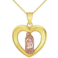 Load image into Gallery viewer, 14K Yellow Gold and Rose Gold Heart Shaped Saint Virgin Mary Guadalupe Charm Pendant Necklace
